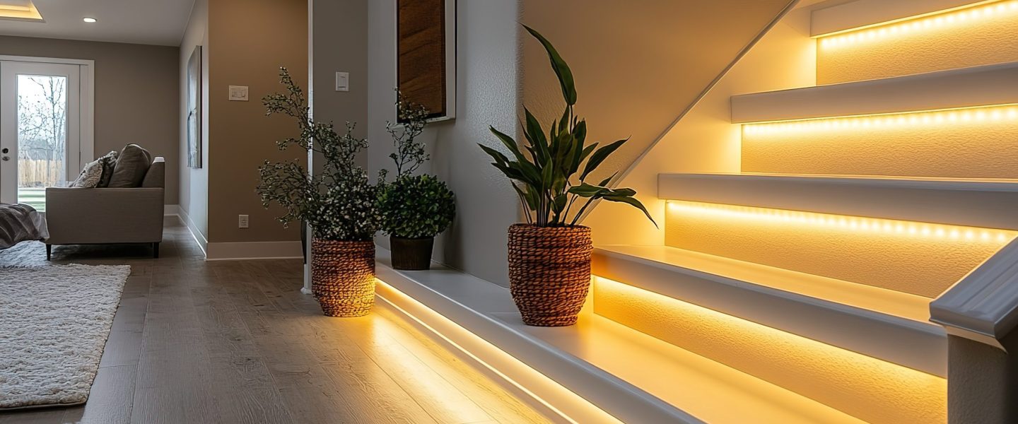 A modern staircase illuminated with warm LED lights, creating a welcoming and safe ambiance.